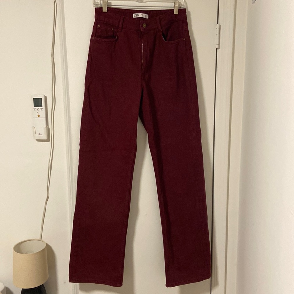 NWOT Zara High Rise Full Length Jeans burgundy, size 6/28